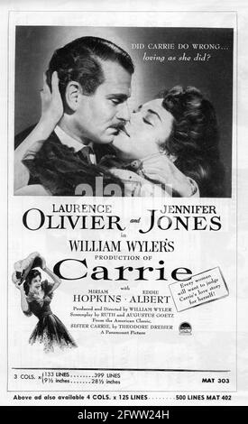 LAURENCE OLIVIER et JENNIFER JONES dans CARRIE 1952 directeur WILLIAM WYLER du roman Sister Carrie de Theodore Dreiser scénario Ruth et Augustus Goetz musique David Raksin costume design Edith Tête Paramount photos Banque D'Images