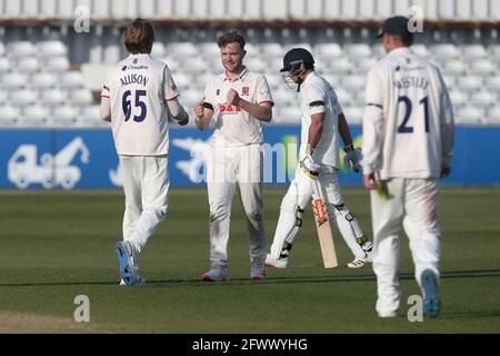 Sam Cook d'Essex célèbre avec ses coéquipiers après avoir pris le cricket de David Bedingham pendant le CCC d'Essex contre CCC de Durham, LV Insurance County Champi Banque D'Images