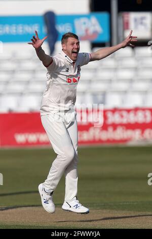 Jamie porter, d'Essex, réclame le cricket d'Alex Lees lors du CCC d'Essex contre le CCC de Durham, le cricket du groupe 1 du championnat du comté d'assurance LV au Cloudfm C. Banque D'Images