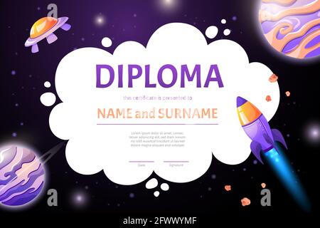 Certificat de diplôme d'espace avec des fusées et des planètes pour l'école et enfants d'âge préscolaire et enfants de la maternelle Illustration de Vecteur