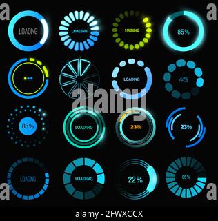 Icônes vectorielles de progression du chargement ou de la barre d'état de la conception de l'interface utilisateur HUD. Interface numérique futuriste de l'affichage tête haute avec barres circulaires de downlo Illustration de Vecteur