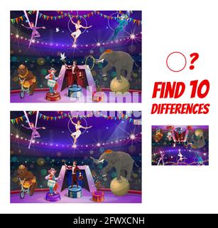 Jeu pour enfants avec artistes de cirque. Trouvez dix différences labyrinthe, personnages de clown de vecteur de bande dessinée, tamer, gymnastes aériennes et animaux sur la grande tente supérieure. EDU Illustration de Vecteur
