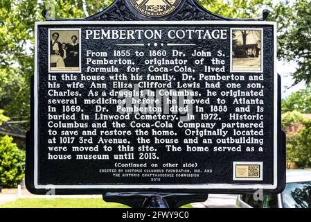 Marqueur historique du Pemberton Cottage, The Columbus, Géorgie, domicile du Dr John Stith Pemberton, inventeur de la pharmacie Coca-Cola. (ÉTATS-UNIS) Banque D'Images