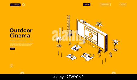 Bannière cinéma d'extérieur. Cinéma en plein air dans le parc public ou dans l'arrière-cour. Page d'accueil Vector avec illustration isométrique de la pelouse d'été avec des personnes assises et regardant le film sur grand écran la nuit Illustration de Vecteur