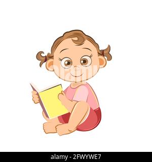 Petit enfant. Fille. Il est assis à lire un livre. Objet isolé sur fond blanc. Joyeux et sympa, drôle. Dessins animés de style plat. Âge préscolaire. Enfance Illustration de Vecteur