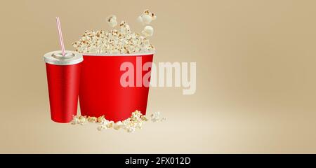 Pop-corn salé isolé sur fond blanc, 3d rendu Red Cup carton boîte. Adapté à votre élément de conception. Banque D'Images