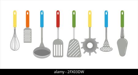 Jeu de différentes spatules et cuillères de cuisine, serviette, râpe, fouet, clipart vecteur de style dessin animé, isolation, illustration plate Illustration de Vecteur