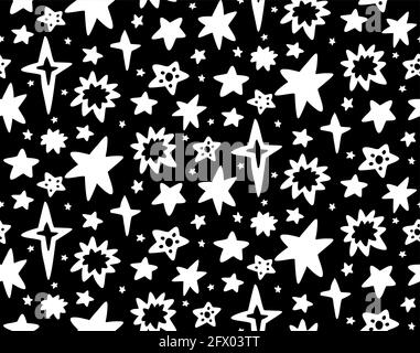 Motif cosmos monochrome sans couture pour enfants avec silhouette blanche de différentes étoiles sur fond noir. Texture vectorielle de l'univers. Paroi vectorielle Illustration de Vecteur