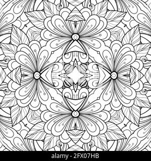 Motif noir et blanc colorant les fleurs et les feuilles. Livre de coloriage de plantes en papier de fond géométrique Banque D'Images