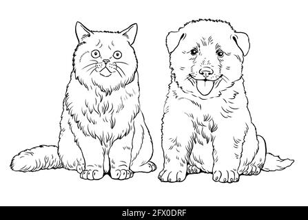 Amis chiot et chaton. Chiens mignons chiots. Modèle de coloriage. Illustration numérique. Banque D'Images