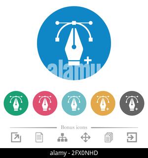 Ajout d'un point d'édition avec des icônes blanches plates de l'outil Plume sur des arrière-plans de couleur ronde. 6 icônes bonus incluses. Illustration de Vecteur