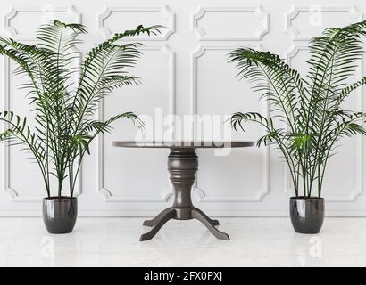 intérieur blanc classique avec une table centrale en bois sombre et des plantes sur les côtés. pour la présentation des produits. rendu 3d Banque D'Images