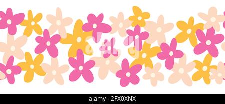 Vecteur sans couture avec bordure de fleur. Joli soda simple fleurs Scandi répéter le motif horizontal. Bannière fleur rose jaune blanc pour enfants. Utilisation pour le tissu Illustration de Vecteur