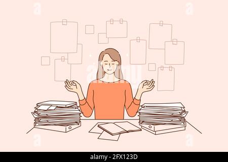 Harmonie, paix, concept de gestion du temps réussi. Jeune femme d'affaires personnage de bande dessinée assis méditant et se sentant confiant à faire beaucoup de tâches d'affaires et de tâches illustration vectorielle Illustration de Vecteur