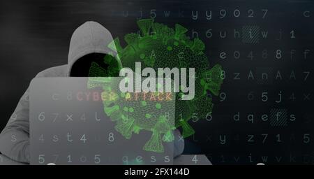 Composition d'un hacker à capuchon utilisant un ordinateur portable avec cellule Covid et avertissement de cyber-attaque à l'écran Banque D'Images