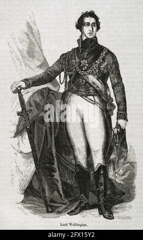 Arthur Colley Wellesley, 1er duc de Wellington (1769-1852). Général et politicien britannique. Pendant la guerre péninsulaire, il a dirigé les troupes britanniques qui combattaient Napoléon en Espagne. Portrait. Illustration de Zarza. Gravure par Carnicero. Historia général de España par Padre Mariana. Madrid, 1853. Banque D'Images