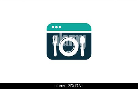 Dessins de logo de nourriture en ligne vecteur, dessins de modèle de logo de nourriture. Ou signal alimentaire en ligne commande de produits alimentaires logo icône signe symbole vecteur. Commander des aliments sur Internet, Illustration de Vecteur