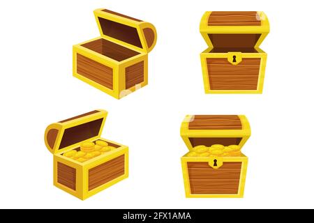 Ensemble de coffres en bois vides et avec des pièces de pirate en or dans le style de dessin animé isolé sur fond blanc. Ressources de jeu d'interface utilisateur. Trésor rétro, concép. Trophée Illustration de Vecteur