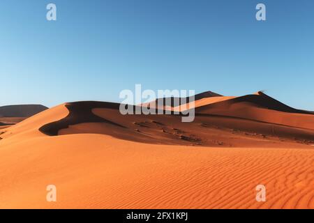 Dunes de sable orange et ciel clair dans le désert du Namib au parc national Namib-Naukluft de Namibie, en Afrique. Photographie de paysage Banque D'Images