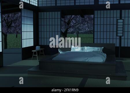rendu 3d d'une confortable chambre japonaise traditionnelle en face de jardin fleuri la nuit Banque D'Images
