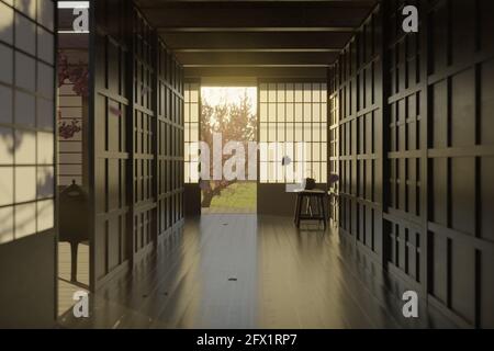 rendu 3d d'un couloir japonais en bois avec des portes coulissantes shoji en plein soleil le soir Banque D'Images