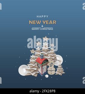 Bonne Année. Arbres de Noël végétation luxuriante, neige d'hiver composition. Texte du titre Or de la nouvelle année. Carte cadeau de Noël. Arrière-plan créatif et élégant. Banque D'Images