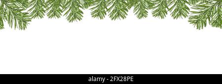 Joyeux Noël. Bordure de Noël branches en pin vert sur fond blanc. Carte de vœux du nouvel an Banque D'Images