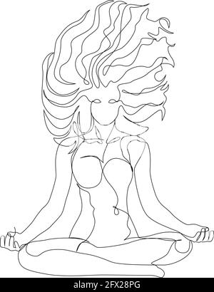 Femme avec des cheveux venteux faisant yoga lotus exercice continu une ligne. Illustration vectorielle style minimaliste EPS 10 Illustration de Vecteur