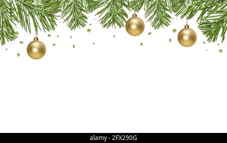 Bordure de Noël avec branches de sapin et boules dorées Banque D'Images