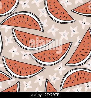 Magnifique motif sans coutures pour l'été. Fruits de pastèque dessinés à la main avec fleurs. Texture hawaïenne décorative. Carreaux récurrents, motif tropical naturel pour Illustration de Vecteur