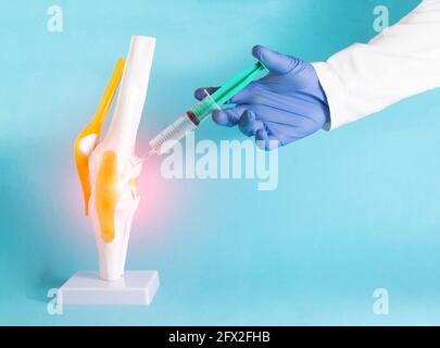 Le médecin effectue une injection thérapeutique dans l'articulation du genou factice avec du corticostéroïde et de l'ozone. Concept pour le traitement des articulations du genou par injection Banque D'Images