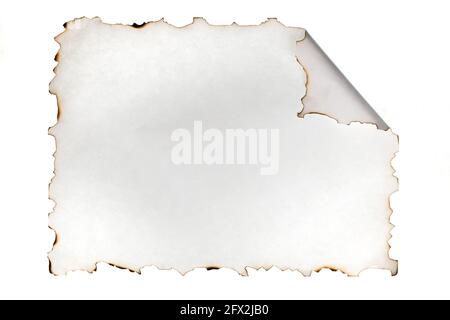 Feuille blanche avec bords brûlés et gondolés. Isolé sur blanc. Vue de dessus. Copier l'espace. Banque D'Images