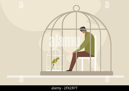 Illustration conceptuelle d'un homme assis à l'intérieur d'une cage regardant un oiseau en cage Illustration de Vecteur