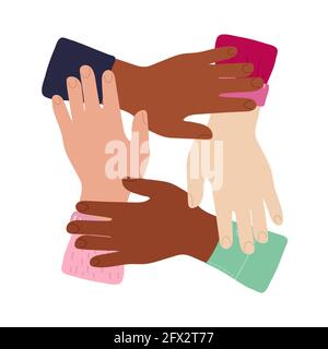 Caricature amitié inter-raciale, solidarité des gens, aider à soutenir dans la diversité symbole concept dans le dessin animé illustration vecteur isolé dans le dos blanc Illustration de Vecteur