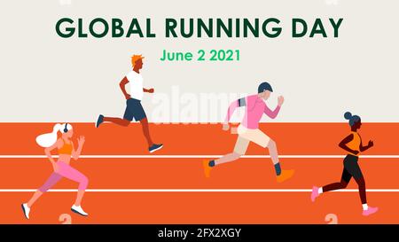 Journée mondiale de course. Différentes couleurs de peau personnes dans un sport uniforme des sabots à travers le stade. Entraînement sportif. Illustration vectorielle avec Illustration de Vecteur