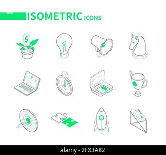 Affaires et marketing - icônes isométriques de ligne moderne. Succès financier, analyse. Money Tree, ampoule, mégaphone, chevalier d'échecs, ordinateur portable, clo. alarme Illustration de Vecteur