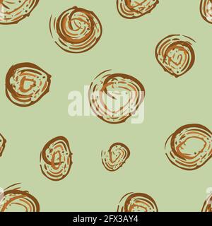 Arrière-plan de motif de cercle sans couture à motif de cercle avec plis. Trait de pinceau dessiné à la main cercles bruns ocre sur fond vert clair de sauge. Moderne Illustration de Vecteur