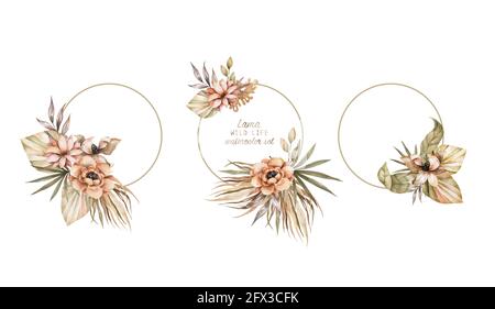 Mariage de la lunaria séchée, orchidée, pampas herbe couronne florale. Carte d'invitation à fleurs séchées exotiques, feuilles de palmier et boho. Cadre de modèle aquarelle, enregistrer Banque D'Images