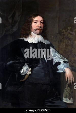 Bartholomeus van der Helst. Portrait d'un homme en noir tenant un gant par le peintre hollandais de l'âge d'or, Bartholomeus van der helst (1613 -1670), huile sur toile, 1641 Banque D'Images