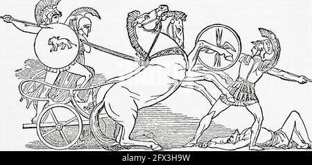 Diomedes et Athena attaquent Ares pendant la guerre de Troie. Diomedes ou Diomede, héros de la mythologie grecque. Athéna, a également écrit Athene, le protecteur de la ville, la déesse grecque de la guerre, l'artisanat, et la raison pratique. Ares, Dieu grec du courage et de la guerre. D'UNE histoire populaire de la Grèce, publié en 1887. Banque D'Images