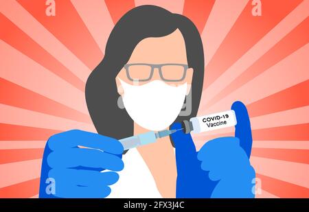 Vaccin COVID-19 dans les mains du médecin, le médecin tient une seringue et un flacon avec le vaccin pour la guérison du coronavirus, la grenaille et l'essai clinique pendant une pandémie. Illustration de Vecteur