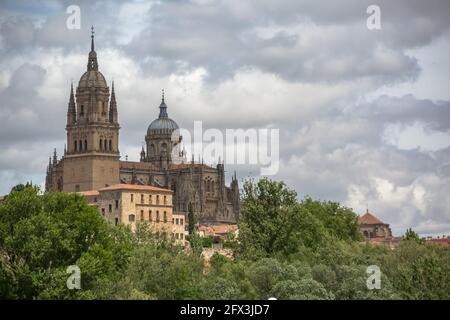 Salamanque / Espagne - 05 12 2021: Vue majestueuse sur le bâtiment gothique de la cathédrale de Salamanque, tours et dômes, végétation environnante Banque D'Images