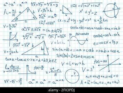 Formules mathématiques Doodle. Équations mathématiques manuscrites, schémas sur papier au carré. Jeu de vecteurs de calculs d'algèbre ou de géométrie. Notes de conférences d'un collège, d'une école ou d'une université Illustration de Vecteur