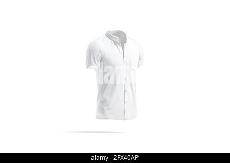 Maquette de chemise blanche à manches courtes et boutons, vue latérale, rendu 3d. Débardeur vide classique en lin, modèle isolé. T-shirt en jersey transparent pour homme f Banque D'Images