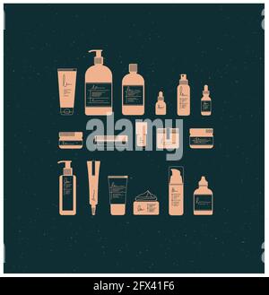 Ensemble de flacons cosmétiques de style graphique. Beaucoup de contenants pour les produits de beauté et de mode dessinant sur fond sombre Illustration de Vecteur