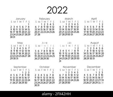 Modèle de calendrier pour l'année 2022 dans un style minimaliste simple, la semaine commence le dimanche, page imprimable vectorielle Illustration de Vecteur