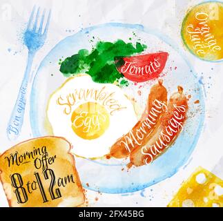 Petit déjeuner peint avec aquarelles sur une assiette œufs saucisse salade de tomates fourchette un verre de jus, toast avec texte friction offres de 8 à 12am Illustration de Vecteur