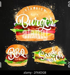 Ensemble de hamburgers classiques, hamburgers barbecue et dessin de sandwich avec peinture de couleur sur le tableau noir. Illustration de Vecteur