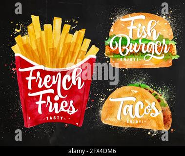 Ensemble de frites, de hamburgers de poisson et de tacos avec peinture de couleur sur le tableau noir. Illustration de Vecteur