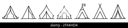Icône tente. Ensemble d'icônes de tente. Illustration vectorielle. Icônes de camping ou de voyage linéaires Illustration de Vecteur